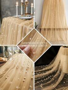 1pc (100cm X 160cm / 3.28ft X 5.25ft) Multi-Color Faux Pearl Transparent Mesh Table Runner, Wedding Table Decoration, Transparent Table Runner With Faux Pearl Decor, Romantic Table Setting, Wedding Party Decoration, Bohemian Wedding Style, Elegant Home Textile, Elegant Wedding Reception, Holiday Feast Table Setting, Photo Backdrop Decoration - Champagne Pearl - View 4