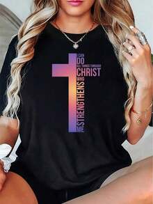 NEW Fashionable Women's Medium Stretch Polyester Knit T-Shirt With Inspirational Christian Graphic Print - "I Can Do Anything For Christ", Casual Short Sleeve Crew Neck T-Shirt, Summer Top - Unisex Vintage Street Style, Loose Fit Cotton Short Sleeve Crew Neck T-Shirt, Women's T-Shirts. - 黑色 - 查看 3