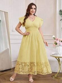 Reflora Vestido de talla grande para mujer con mangas con volantes bordados y cintura ceñida - Amarillo - Ver 7