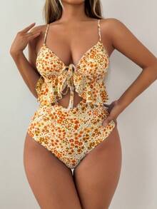 Sexy One-Piece Swimsuit With Floral Print And Ruffles TK386 - Lemon Yellow - View 10