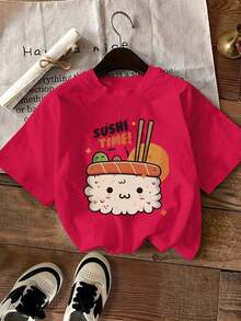 Women's Casual Summer T-Shirt, Women's Summer Clothes, Short Sleeve T-Shirt, Modern Y2k Style, Casual Sporty, With Cartoon Sushi Print SUSHI TIME, Round Neck T-Shirt With Creative And Fashionable Letter Print. - 紅色 - 查看 1