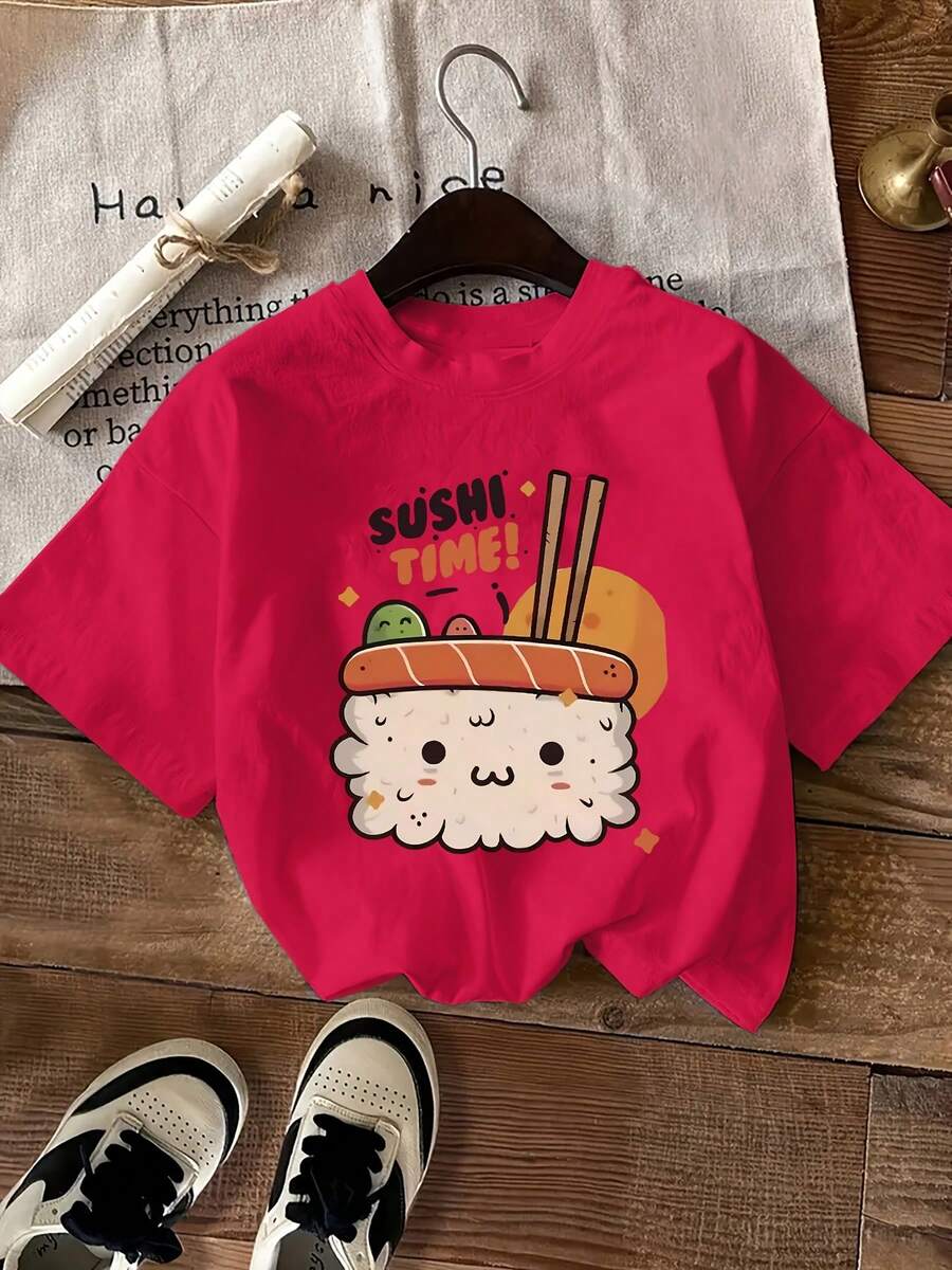 Women's Casual Summer T-Shirt, Women's Summer Clothes, Short Sleeve T-Shirt, Modern Y2k Style, Casual Sporty, With Cartoon Sushi Print SUSHI TIME, Round Neck T-Shirt With Creative And Fashionable Letter Print. - 紅色 - 查看 1