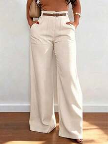 Pantalones casuales de cintura alta y pierna recta de unicolor para mujer, primavera - Albaricoque - Ver 2
