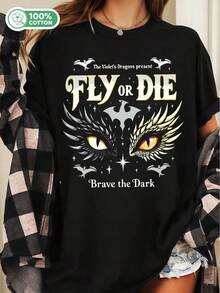 Fourth Wing Fly Or Die Violet's Dragons Cotton T-Shirt Bookish Fantasy Fan Tee - Black - View 6
