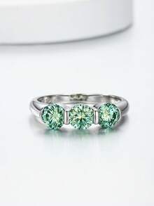1pc Fashion Classic Couple Ring S925 Sterling Silver Inlaid 1.5CT Round Blue-Green Moissanite High Quality Engagement Ring Suitable For Wedding, Date, Valentine's Day, Anniversary Gift - Silver - View 2