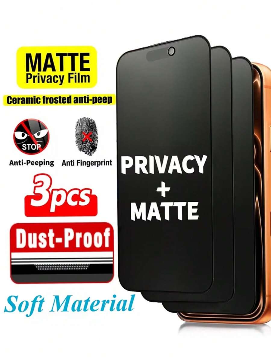 3pcs Matte Ceramic Screen Protector, Anti-Spy, Matte Non-Blur, High Hardness Ceramic Layer, Keychain & Hard Objects Scratch Resistant. Compatible With IPhone 17E/17 ProMax/16 ProMax/15 ProMax/14 ProMax/13 ProMax/12 ProMax/11 ProMax/17 Pro/16 Pro/15/14/13/12/11 And Other Series.