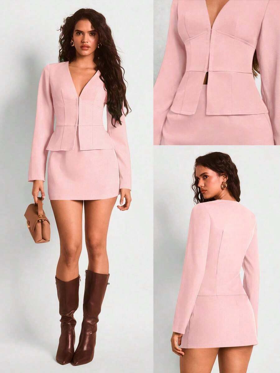 AYYSHEIN Glamour Conjunto elegante y sexy de blusa de cuello en V profundo de manga larga y falda mini, adecuado para mujeres profesionales, atuendo de negocios, otoño/inviernoAYY - Rosa - Ver 1