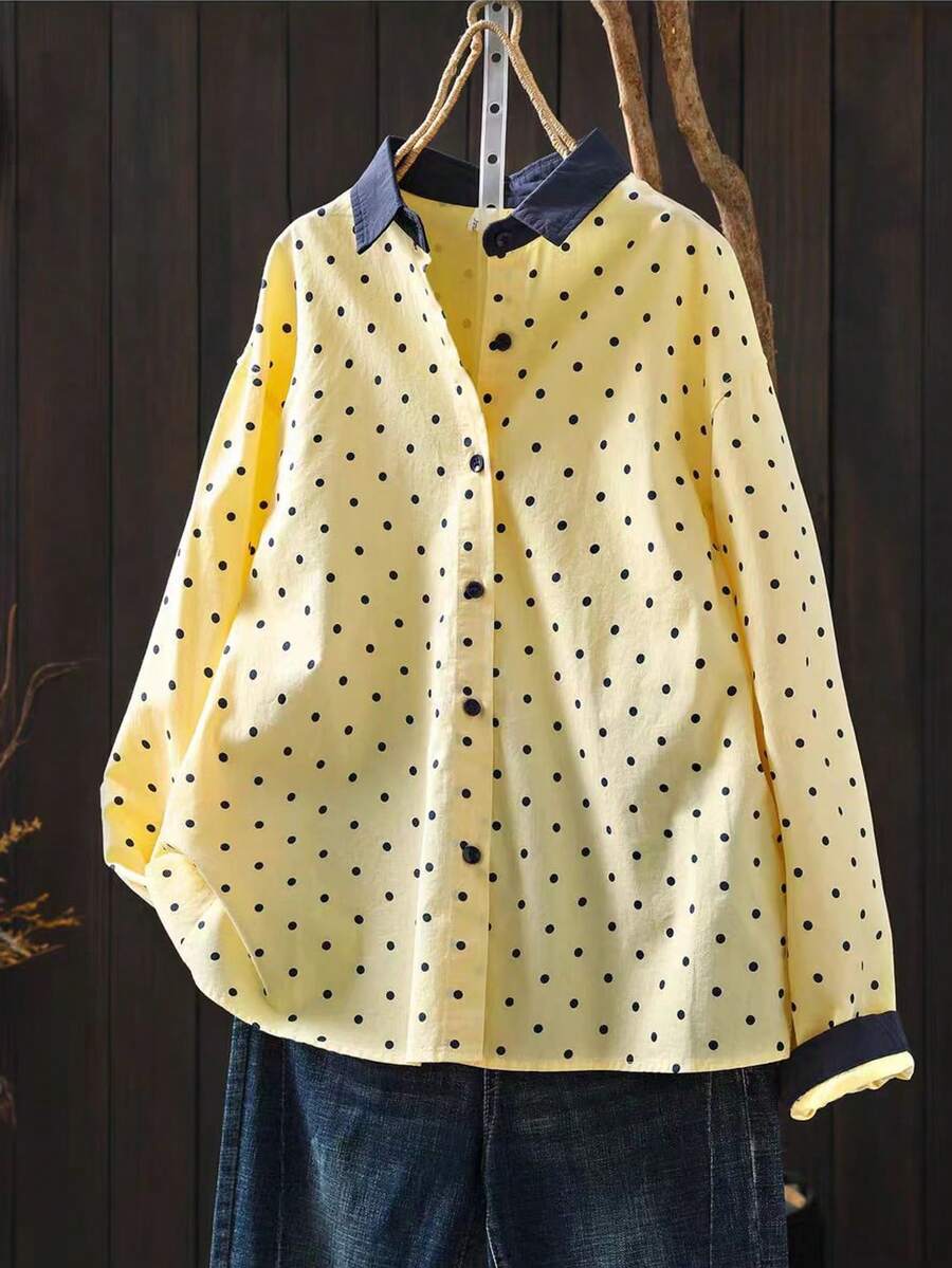 Women's Polka Dot Button Shirt, Contrast Collar, Long Sleeve Regular Fit, Elegant And Versatile, Perfect Choice For Autumn Wardrobe. Yellow - Yellow - View 1