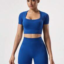 Nana's Women's Clothing Store  Sovereign Charm 2 piezas Conjunto + Ajuste regular + Tela que absorbe la humedad/Acanalado + Cuello cuadrado/Básico/Azul marino + Conjunto de ropa deportiva + Sin costuras/Ropa de yoga y fitness Pantalones cortos de ciclismo sin costuras Ropa deportiva para mujer Conjuntos de ropa de entrenamiento para mujer Ropa de entrenamiento para mujer Conjuntos - Azul cielo - Ver 5