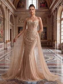 Women's Camel Color Mature Party Heavily Sequined Backless Party/Wedding/Holiday Formal Evening Dress, Suitable For All Seasons - Camel - View 5