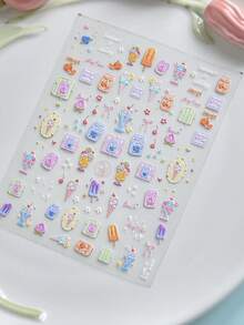 1 pièce Autocollants pour ongles avec motif de dessert d'été en relief, comprenant des motifs de glace, de sucette glacée et de fruits, autocollants d'art pour ongles mignons aux tons doux auto-adhésifs - Multicolore - Voir 5