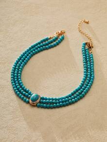Nocturel 1pc Delicate And Elegant French Style Short Multilayer Turquoise Beaded Choker Necklace For Women, Suitable For Parties And Holidays - Turquoise - View 4