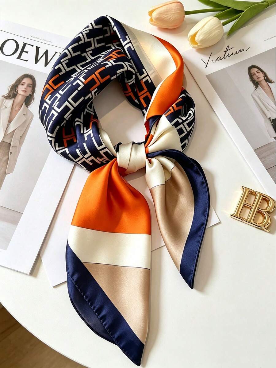 CHICSCARF 90x90cm 幾何印花聚酯纖維正方形圍巾,極簡奢華風,橘色與海軍藍配色,多用途頭巾 - 彩色 - 查看 1