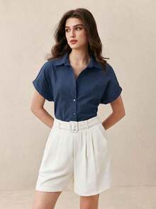 Camisa casual de mujer de unicolor con bordado, estilo retro de los 90, patrón de bordado de caballo, puños vueltos, atuendo básico diario, camisa casual de primavera/verano, adecuada para vacaciones de mujer, ocio de verano, brunch en la playa, salidas, citas, viajes al trabajo, negocios, ocasiones sociales - Azul - Ver 3