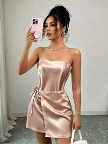 Vestido midi con corpiño de satén color champán, atuendo festivo, vestido de resort para mujer, vestido de fiesta para mujer, atuendo para exteriores, vestido color albaricoque - Champán - Ver 4