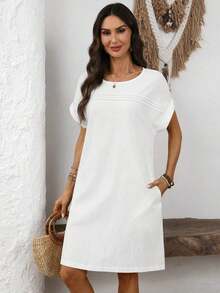 Vestido corto de mujer con cuello redondo y manga corta con estampado de líneas - Blanco - Ver 5