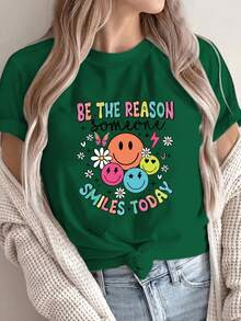 Women's Casual Short Sleeve T-Shirt - Happy  Face Print And Inspirational Lettering, Comfortable Crew Neck, Versatile All-Season Top, Loose Fit, Breathable Fashion T-Shirt, Printed T-Shirt, A Must-Have For Fashion Enthusiasts. ZOIH - 墨綠色 - 查看 7