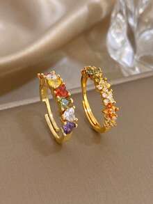 18K Gold Plated Colorful Zirconia Heart-Shaped Inlaid Ring, Women's Heart-Shaped Ring, Floral Ring, Gold-Plated Ring. Suitable For Daily Wear, Dating, Party, Vacation, Graduation Season, Easter, Birthday Gift, Summer Accessories, Girlfriend Gift, Valentine's Day Gift, And Bohemian Style Jewelry - Multicolor - View 2