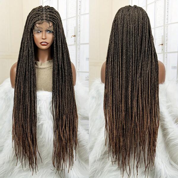 Full Double Lace 36 Inch Wig Without Knots Woven Wig For Women Square Box Shaped Woven Wig Piano Ribbon Fine Hair Braided Wig Long Synthetic Fiber Full Lace Front Wig Without Knots Square Box Shaped Woven Wig Lightweight Corn Braid Woven Wig