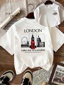 [Double-Sided Print] Women's Casual Top With Classic London Buildings And English Slogan Print, Round Neck And Short Sleeve For Daily Wear, Women's Clothing, Women's Fashion Y2K Style Sportswear, Round Neck, 100% Cotton, Soft Fabric, Short Sleeve. - 白色的 - 查看 6