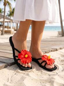 Summer New Solid Color Velvet Skin-Friendly 3D Floral Flat Slippers, Fashionable Versatile Comfortable Suitable For Beach Travel Vacation - Black - View 7