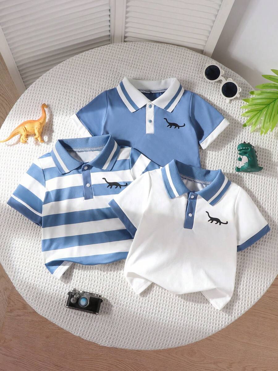 3pcs/Set Baby Boy Summer New Striped Print & Solid Color Polo Collar Outfit Set - Multicolor - View 1