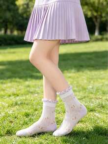 5 Pairs Cotton Girls Socks Spring Summer Mesh Thin High Elasticity Socks Ruffle Lace Socks Cute Breathable Socks Sports Socks - Multicolor - View 2
