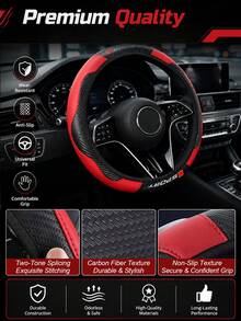 Carbon Fiber Pattern Sports Steering Wheel Cover, Premium PU Leather Non-Slip Grip, Fits 14.5-15 Inch Steering Wheels (Sedan/SUV/Truck), Racing Style Interior Accessory - Movement Letters - View 6