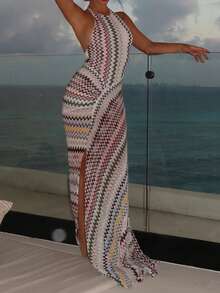 DOUCIU Fashionable Girl Colorful Wavy Print Spaghetti Strap Maxi Dress, Fitted Vacation Beach Style - White - View 5