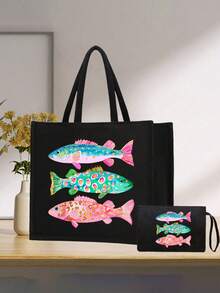 Colorful Fish Pattern Canvas Tote Bag And Wristlet Pouch Set, Reusable Beach Tote Bag With Matching Cosmetic Bag, Ocean Theme Fish Pattern Tote Bag With Black Handle - Multicolor - View 12