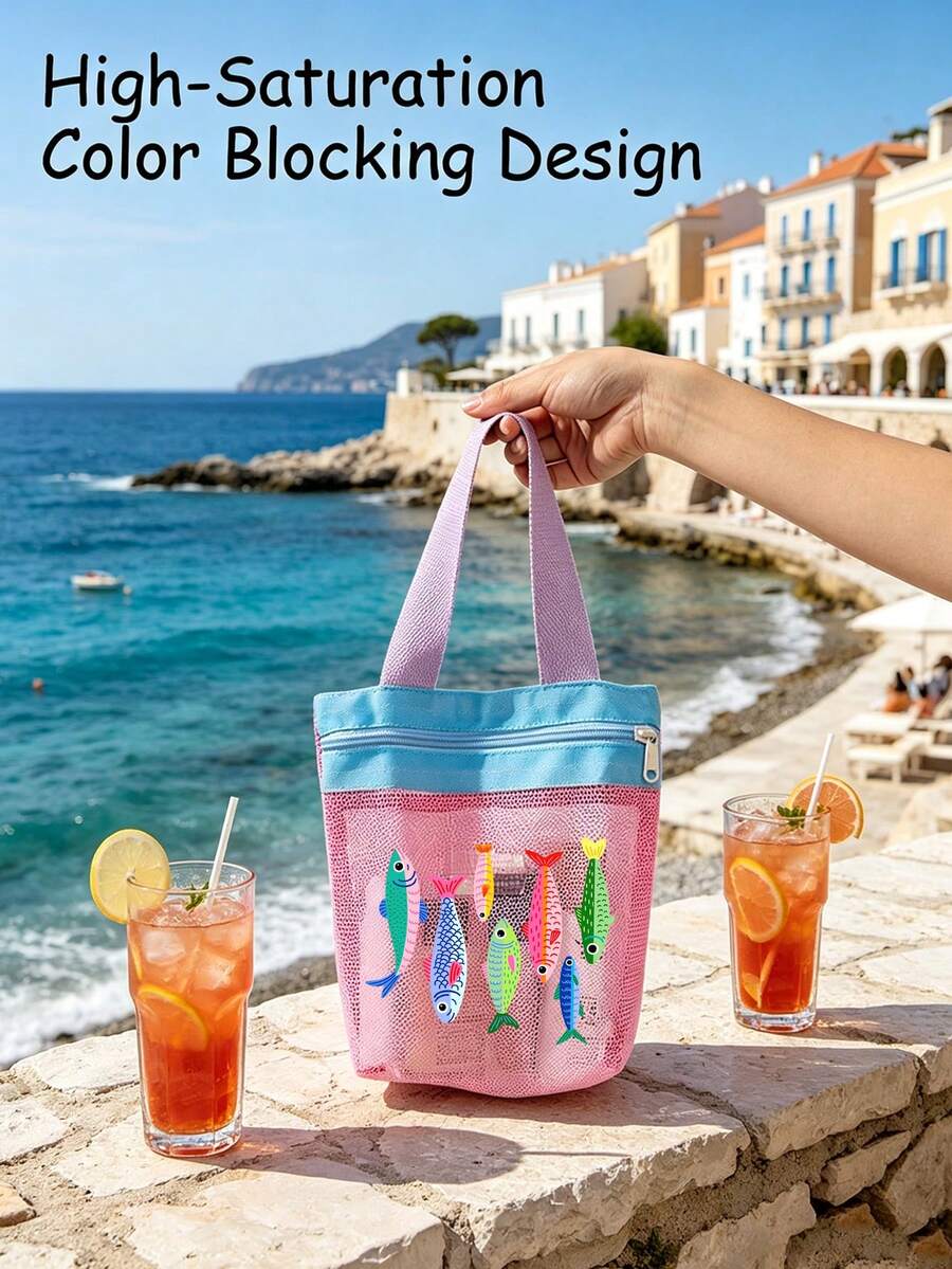Ocean Theme High Saturation Contrast Color Mesh Tote Bag, Cosmetic Storage Bag-Summer Vacation Essential, Multi-Functional Reusable Shopping Bag, Beach Bag, Travel Toiletry Bag, Swimsuit Storage Bag, Daily Essentials Storage Bag. Suitable For Beach, Vacation, Shopping, Party, Office, School And Other Occasions, Also Ideal Travel Souvenir, Teacher's Day Gift, Back To School Gift, Party Favor, Holiday Gift - Multicolor - View 1