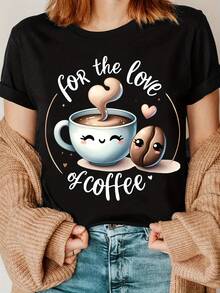 Fun Cartoon Coffee And Coffee Bean Print T-Shirts, Letter Print T-Shirts, Born From A Love Of Coffee, T-Shirts For Coffee Enthusiasts, Gifts For Coffee Lovers - 黑色 - 查看 4
