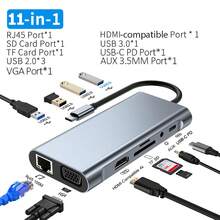 11合1 USB-C 集线器，3.0 Type-C 适配器，带 4K VGA、RJ45 以太网、SD/TF 读卡器、USB 3.0、87W PD 快充和 3.5mm AUX 音频接口 - 查看 3