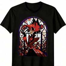 Hazbin Hotels Alastor X Charlie Couple T-Shirt, Anime Fanart Print Casual Tee. Suitable As A Gift. Women's T-Shirt. Elegant Blouses. Boho Chic. Soft, Breathable, And Comfortable Women's Top, Ideal For Spring, Summer, And Autumn, Perfect For Vacations, Travel, And Everyday Wear. - 黑色 10 - 查看 1