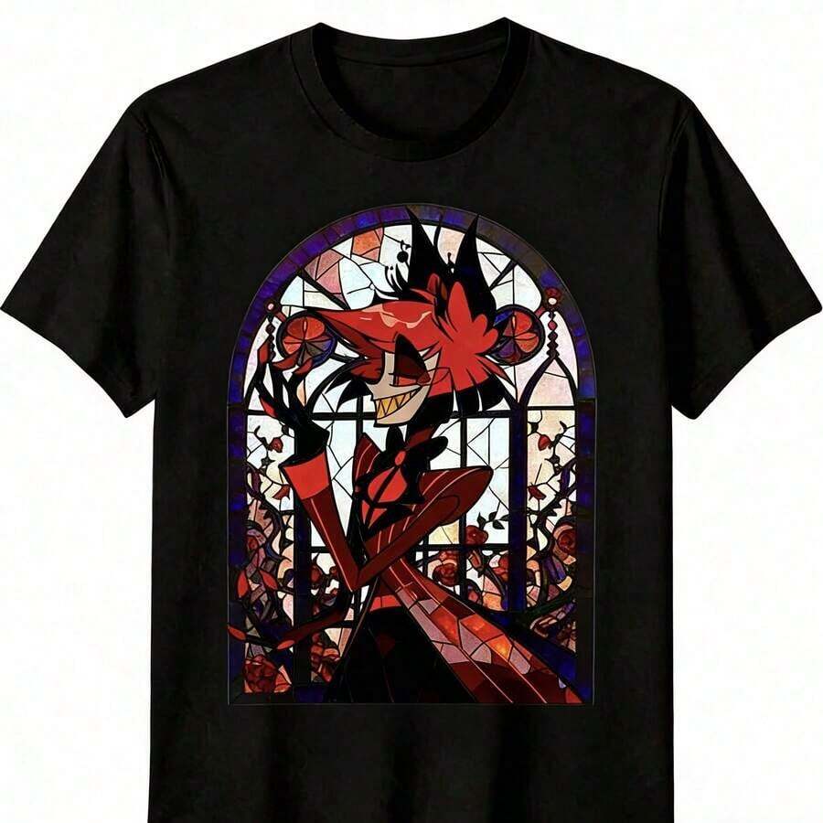 Hazbin Hotels Alastor X Charlie Couple T-Shirt, Anime Fanart Print Casual Tee. Suitable As A Gift. Women's T-Shirt. Elegant Blouses. Boho Chic. Soft, Breathable, And Comfortable Women's Top, Ideal For Spring, Summer, And Autumn, Perfect For Vacations, Travel, And Everyday Wear. - 黑色 10 - 查看 1
