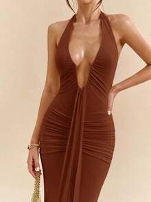 xheSHEIN  Vestido maxi elegante con cuello halter y escote profundo en V, de color amarillo crema, para mujer, para primavera/veranoxhe - Óxido marrón - Ver 7
