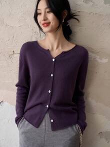 Cozy Cardigan For Women - Short Solid Color Sweater Jacket, Casual Office Wear For Autumn And Winter - 酒紅色 - 查看 5