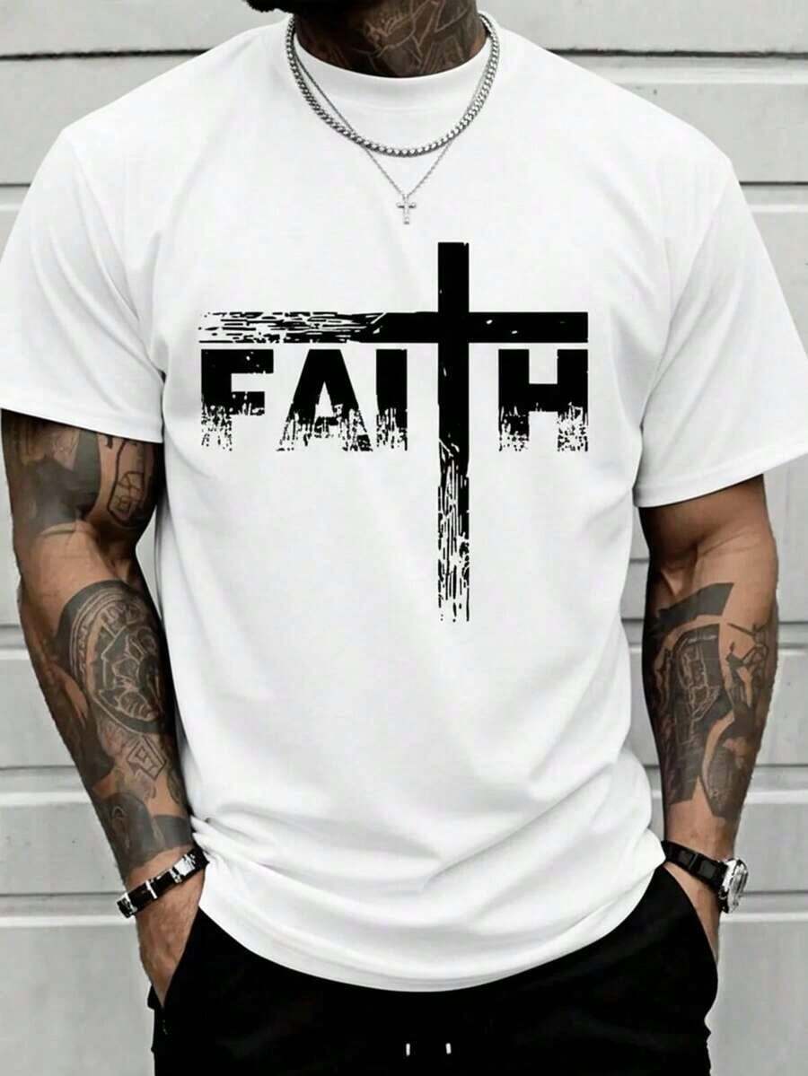 Camiseta Cristiana para Hombre Talla Grande - Camiseta con Tema de Fe y Cruz - Serie de Camisetas Faith 2026 - Blanco - Ver 1