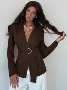 AYYAloruh Chaqueta de blazer elegante de unicolor con cintura ceñida para otoño/inviernoAYY - Marrón - Ver 3