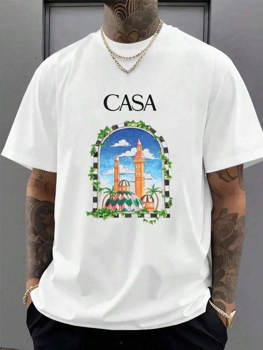 Vintage Artistic Scenic Print T-Shirt, Retro Moroccan Cityscape Graphic, Breathable, Casual, Short Sleeve, Urban Style For Men | A Stylish Piece To Express Your Personality - 白色 - 查看 1