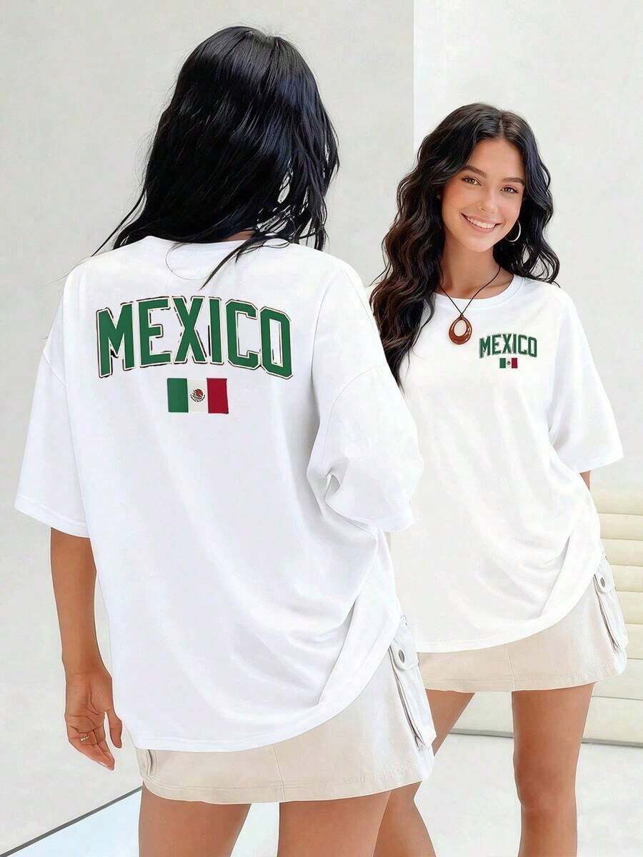 Mexican Flag With Golden Eagle On Cactus, Women's T-Shirt Represents Pride And Cultural Heritage. Show Your Passion For Mexico With This 100% Cotton Garment! - 灰色 - 查看 1
