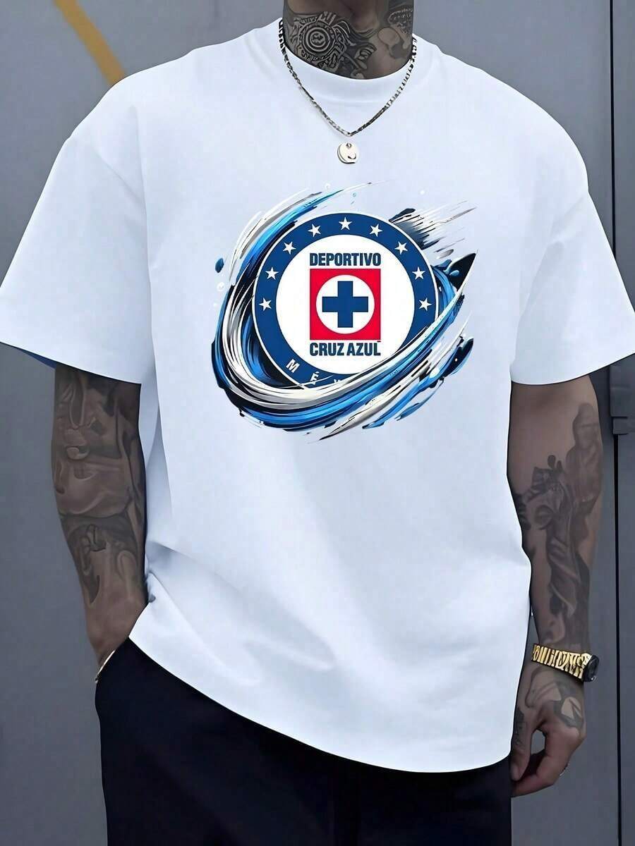 A Symbol Representing Strength, Unity, And Sporting Passion, Featuring A Circular Emblem Surrounded By Stars And Dynamic Blue Strokes Inspired By The Spirit Of Overcoming Adversity. This High-Quality, Comfortable, Casual Men's T-Shirt Is Ideal For Fans And Everyday Wear. - 白色 - 查看 1