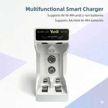 Carregador de Pilhas AA/AAA, Unidade Única (2 Slots) Canais de Carregamento Rápido Inteligente, Carrega Simultaneamente 2 Pilhas AA ou 2 Pilhas AAA 1,2V Ni-MH, Também Adequado para Pilha Única de 9V Ni-MH/Li-Ion, Estação de Carregamento USB Compacta e Portátil - Branco - Visão 11