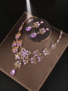 1 Set Purple Crystal Decorated Crown, Necklace, Earrings 4pcs Bridal Accessories, Suitable For Wedding Dress, Gala, Wedding Party - 23392 Purple - View 4