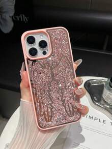 1pc Pink Angel Wing Rhinestone Mirror Inlaid Anti-Drop Sprayed Phone Case Suitable For IPhone 17 Pro Max - Black and White - View 2