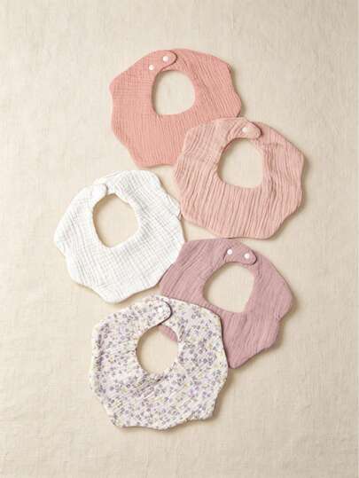 5pcs/Set Baby Floral Bibs, Absorbent & Soft, 100% Cotton Gauze, Suitable For All Seasons, Printed & Solid Color, Newborn Anti-Spit Necessities