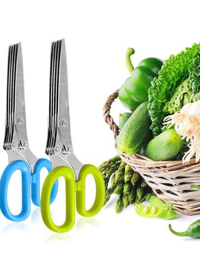 Bộ 5 kéo cắt thảo mộc - Kéo nhà bếp chắc chắn kèm chổi vệ sinh, kéo nấu ăn đa năng bằng thép không gỉ, thiết kế tiện dụng cho cả người thuận tay trái và tay phải, thích hợp sử dụng hàng ngày và làm quà tặng, có màu xanh lá cây và xanh dương.