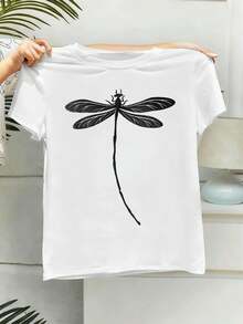 Camiseta informal de mujer con estampado de libélulas, ideal para otoño, cuello redondo, corte relajado, informal, ajuste cómodo, diseño gráfico. - Blanco - Ver 2