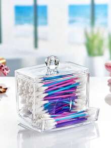 1pc Transparent Makeup Pad Swab Storage Box With Lid, Facial Cleansing Tool Organizer, Vanity Countertop Makeup Remover Holder, Bathroom Accessory - Transparent - View 6