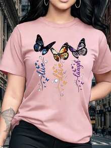 Women's Short Sleeve T-Shirt, Dreamy Colorful Butterfly Pattern Print, Vintage Elegant Exquisite Cute Sexy Sweet Style Round Neck Top, Regular Fit, Women's Gift Birthday Gift, Commuting T-Shirt Party T-Shirt, Soft And Comfortable Fabric - 粉色 - 查看 6